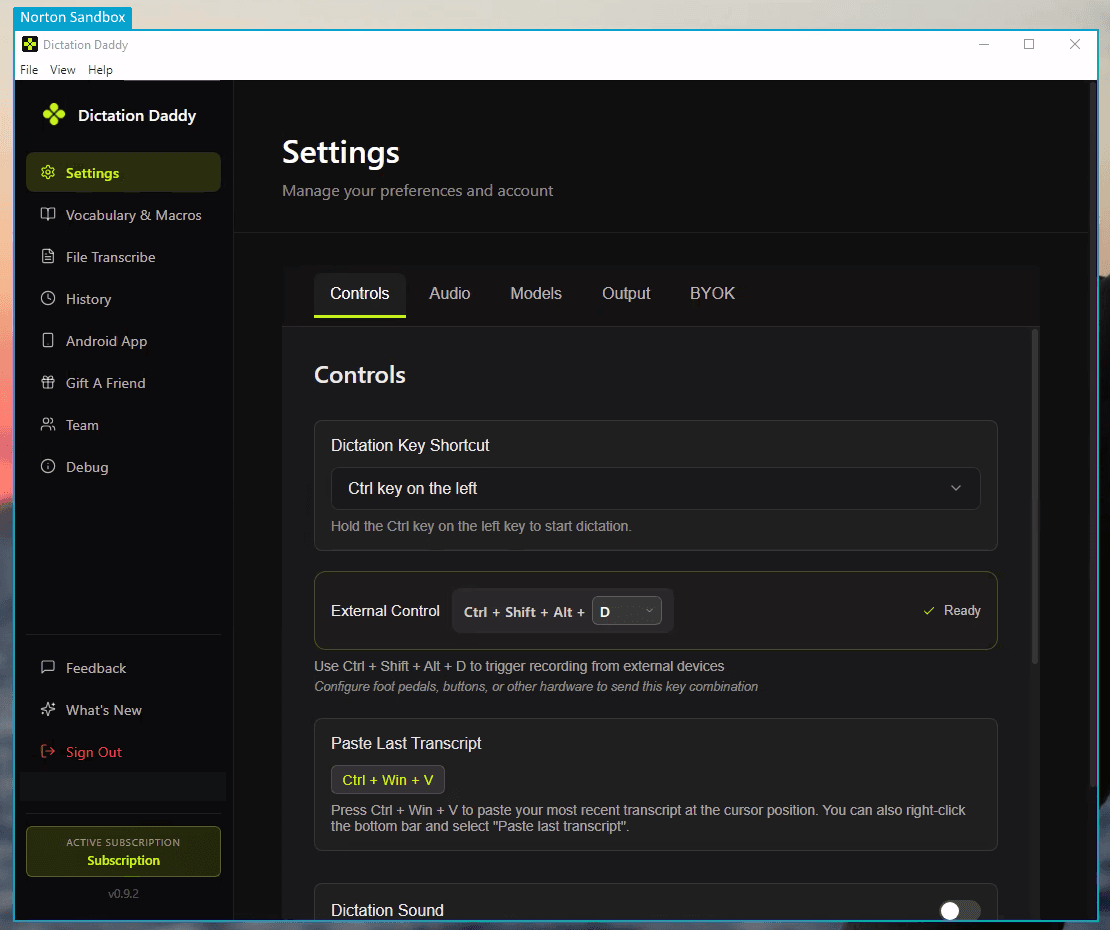 The Dictation Daddy settings window surrounded by a blue border with a Norton Sandbox label in the top left corner