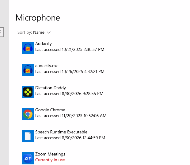 Windows microphone privacy settings listing apps, with Zoom Meetings marked Currently in use in red